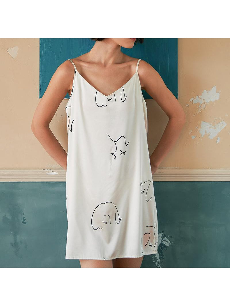 Not Just Pajama | Face Line Art Printed Silk Slip Dress