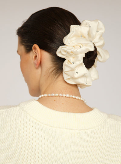 Etoiles Crystals Embellished Oversized Silk Scrunchie - Pearl