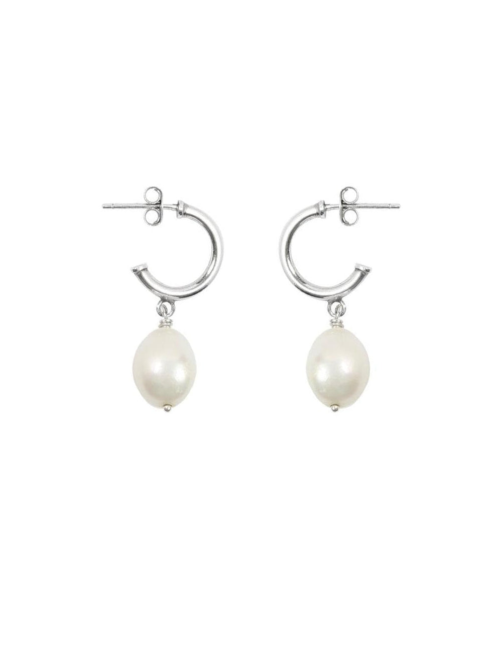 Silver C hoop earrings with pearl on white background 