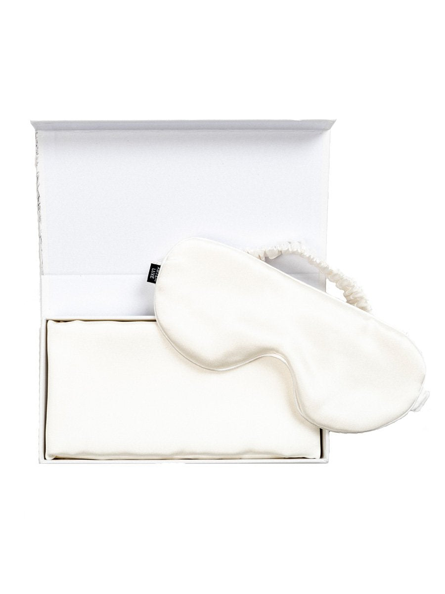 pearl white mulberry silk travel set oxford pillowcase and eyemask artem luxe