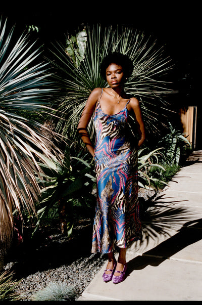 Camille Animal Print Slip Dress - Cobalt Blue