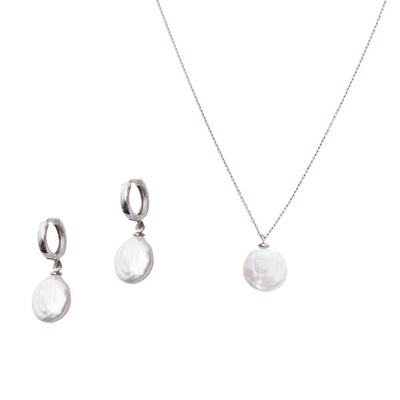 Baroque Flat Pearl Pendant Necklace and Earrings Sterling Silver Set