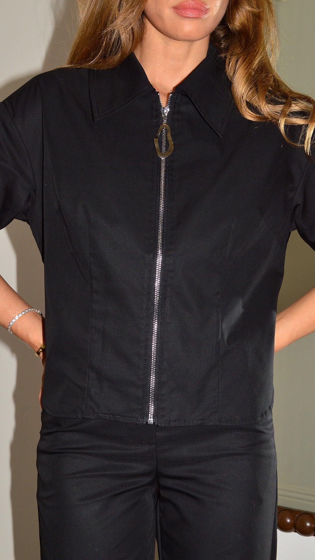 Black Utility Silver Zipper Shirt