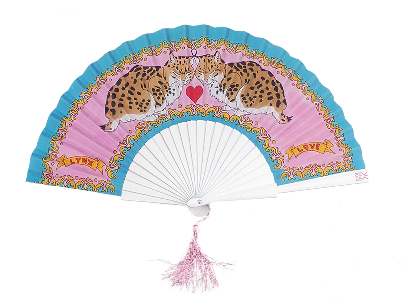 Khu Khu Love Lynxes Hand-fan, from the Cool Cats Hand-fan Collection - Rich and vibrant, vintage Indian-feel hand-fans