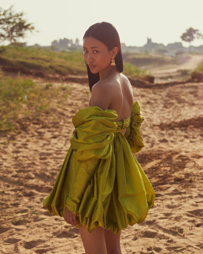 Green Taffeta Puff Sleeve Dress