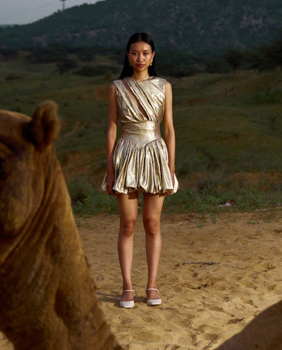 Golden Balloon Hem Dress