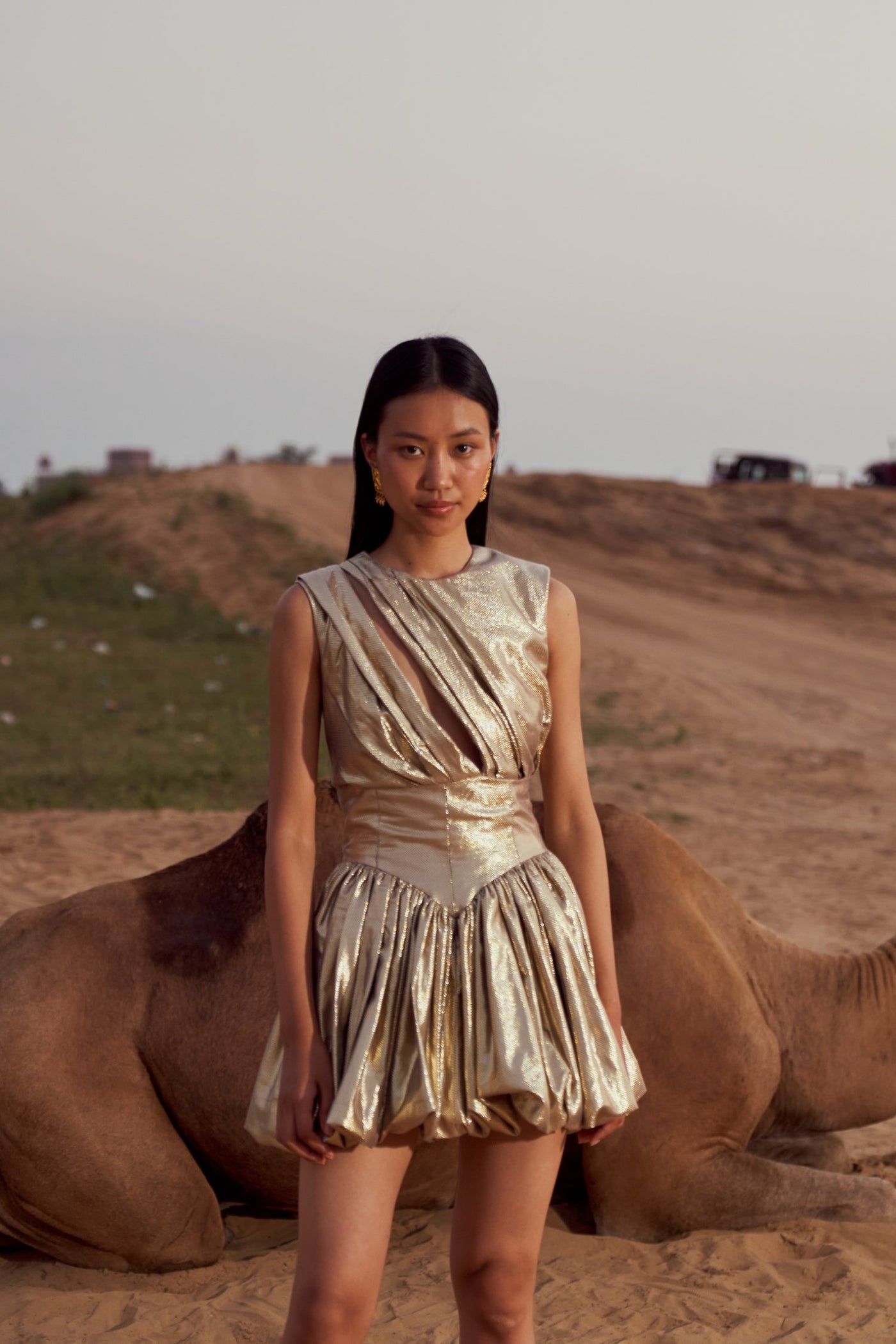 Golden Balloon Hem Dress