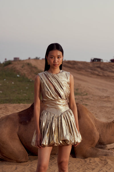 Golden Balloon Hem Dress