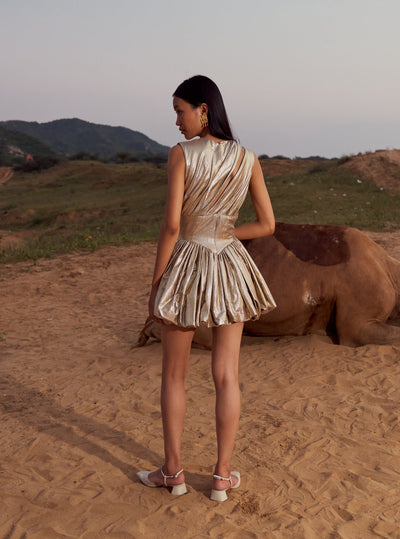 Golden Balloon Hem Dress