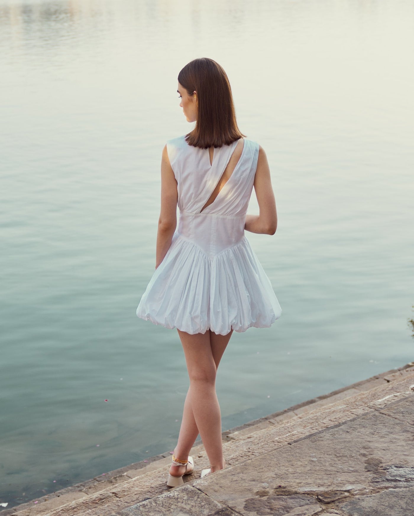 White Balloon Hem Dress
