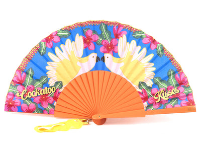 Khu Khu Cockatoo Kisses Hand-fan, from the Love Birds Hand-fan Collection - Brazilian-inspired hand-fans influenced by vintage postcards and stamps