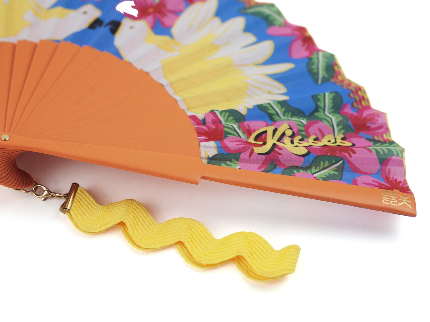 Khu Khu Cockatoo Kisses Hand-fan, from the Love Birds Hand-fan Collection - Brazilian-inspired hand-fans influenced by vintage postcards and stamps