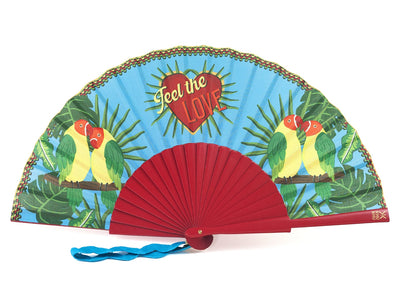 Khu Khu Feel the Love Hand-fan, from the Love Birds Hand-fan Collection - Brazilian-inspired hand-fans influenced by vintage postcards and stamps