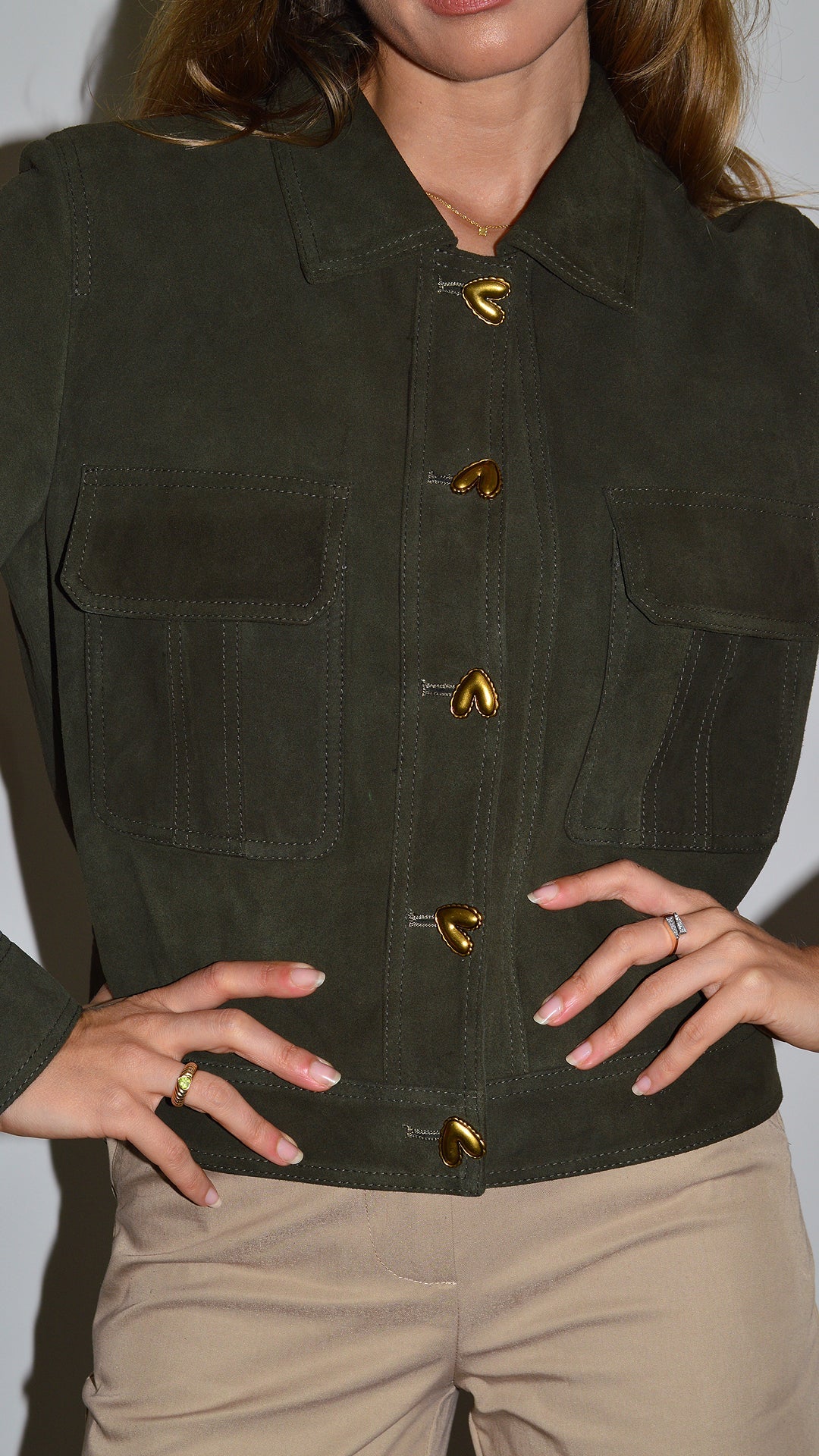 Khaki Suede Heart Button Jacket