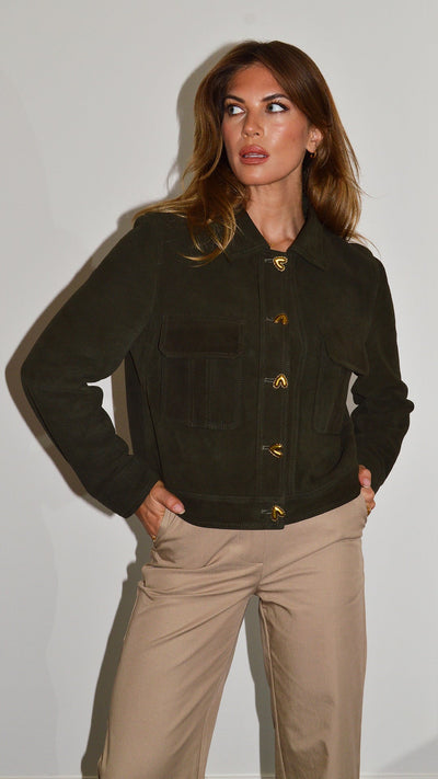 Khaki Suede Heart Button Jacket