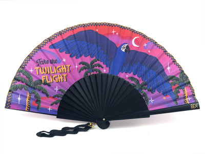 Khu Khu Midnight Macaw Hand-fan, from the Love Birds Hand-fan Collection - Brazilian-inspired hand-fans influenced by vintage postcards and stamps