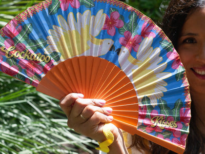 Khu Khu Cockatoo Kisses Hand-fan, from the Love Birds Hand-fan Collection - Brazilian-inspired hand-fans influenced by vintage postcards and stamps