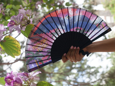 Khu Khu Midnight Macaw Hand-fan, from the Love Birds Hand-fan Collection - Brazilian-inspired hand-fans influenced by vintage postcards and stamps