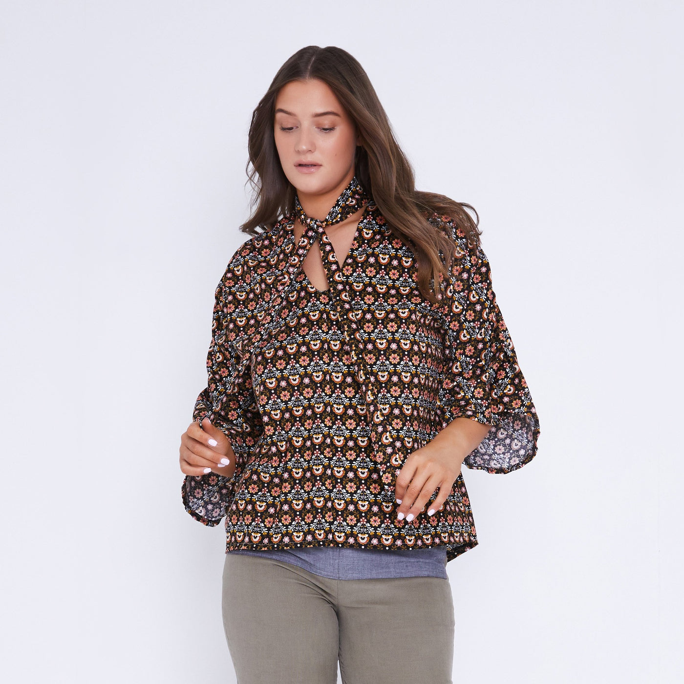 Tie Neck blouse with Brown and Orange print