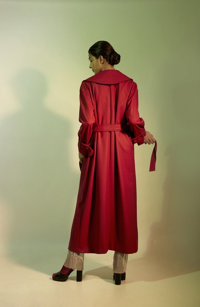 Ethically made sustainable oversized red long coat.