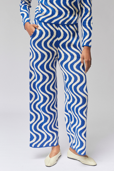 GROOVY COTTON JACQUARD KNIT PANTS - BLUE & WHITE