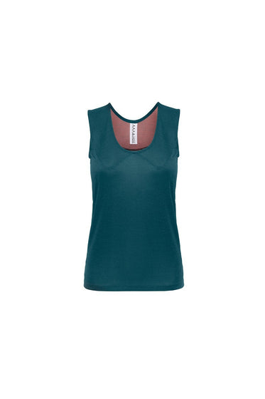 The Asmuss Panelled Tank in Pine Green made from a sustainable, recycled polyester and Tencel, luxurious feeling fabric that has extra benefits while travelling