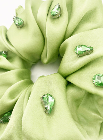 Amara Rhinestone Embellished Silk Scrunchie - Pistachio