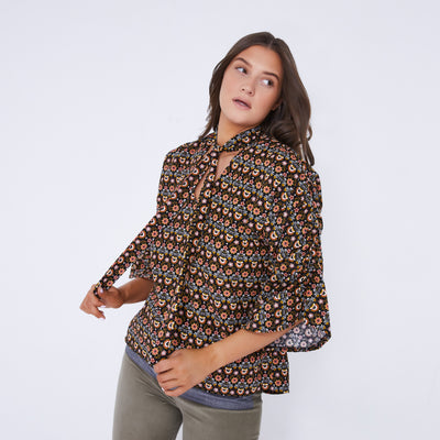 Tie Neck Blouse in Brown and Orange print
