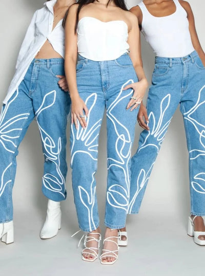 High Waisted Organic & Recycled Floral Trim Blue Jeans