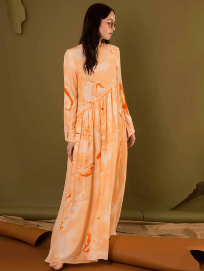 Edward Mongzar Silk Hand Marble Dyed Gather Panel Dress in Orange