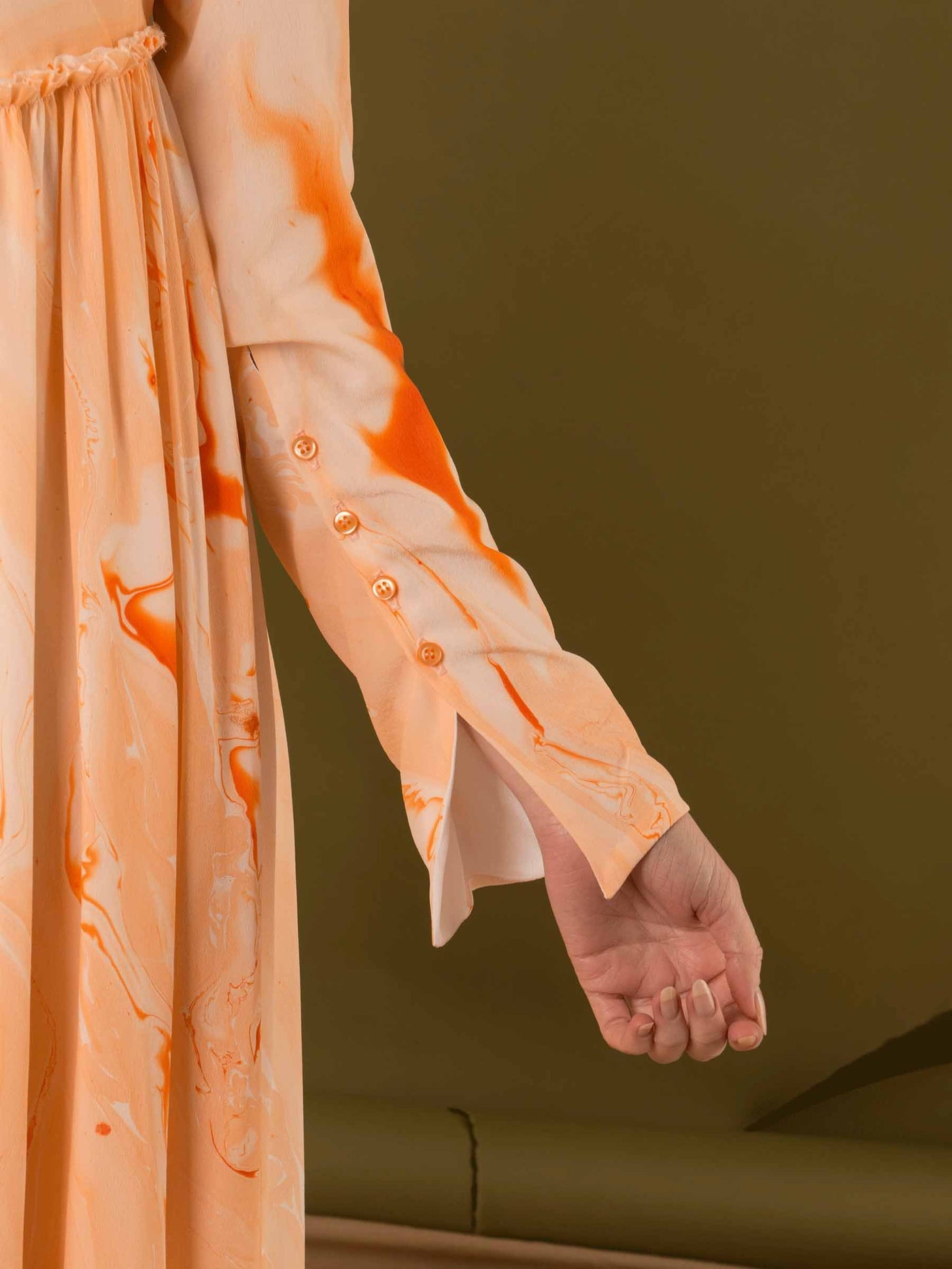 Edward Mongzar Silk Hand Marble Dyed Gather Panel Dress in Orange