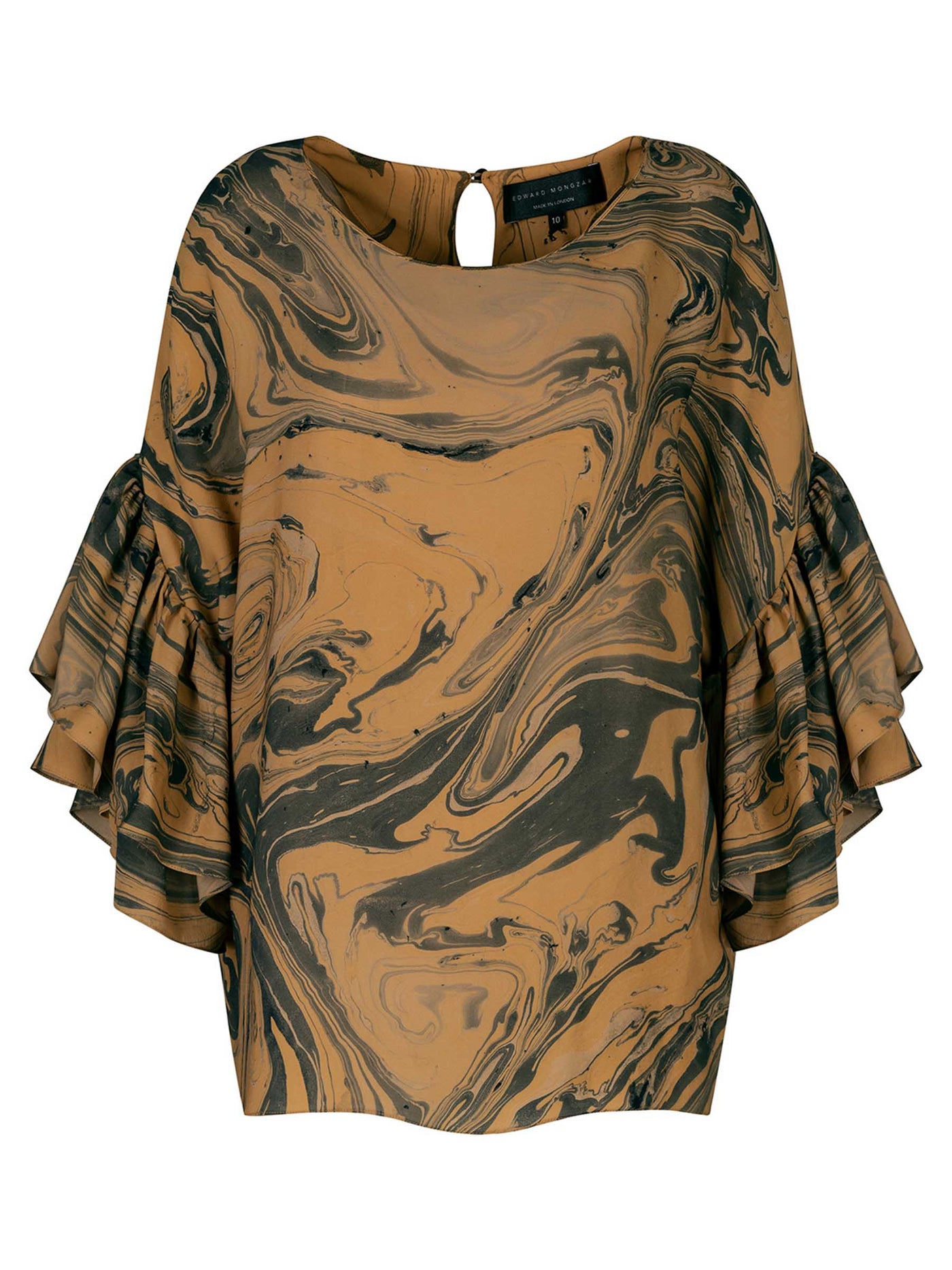 Edward Mongzar Silk Hand Marbled Ruffle Top in Orange and Black