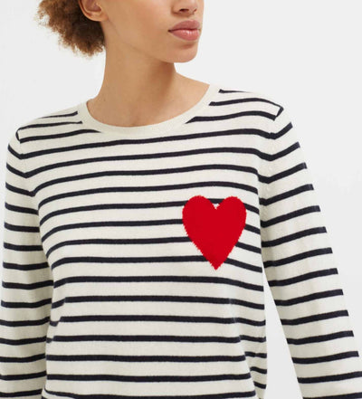 Cream-Navy Breton Heart Wool-Cashmere Sweater