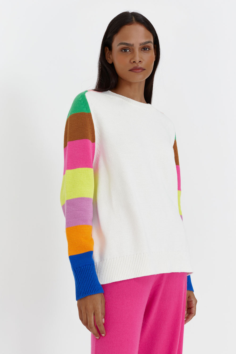 White Cotton Rainbow Sleeve Sweater