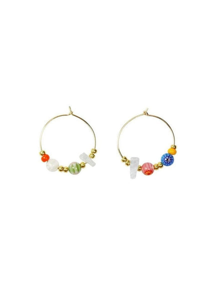 Hoop earrings on white with gold and colourful beads