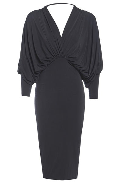 Lea - Plunge Front and Back Batwing Midi Dress Black