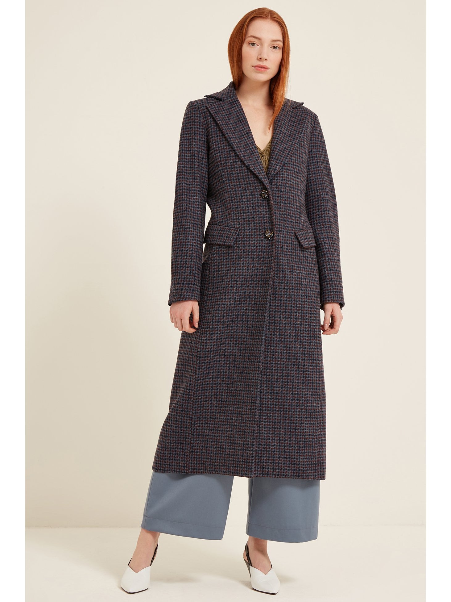 Sabinna Rosalie Long Checked Coat in Navy Blue