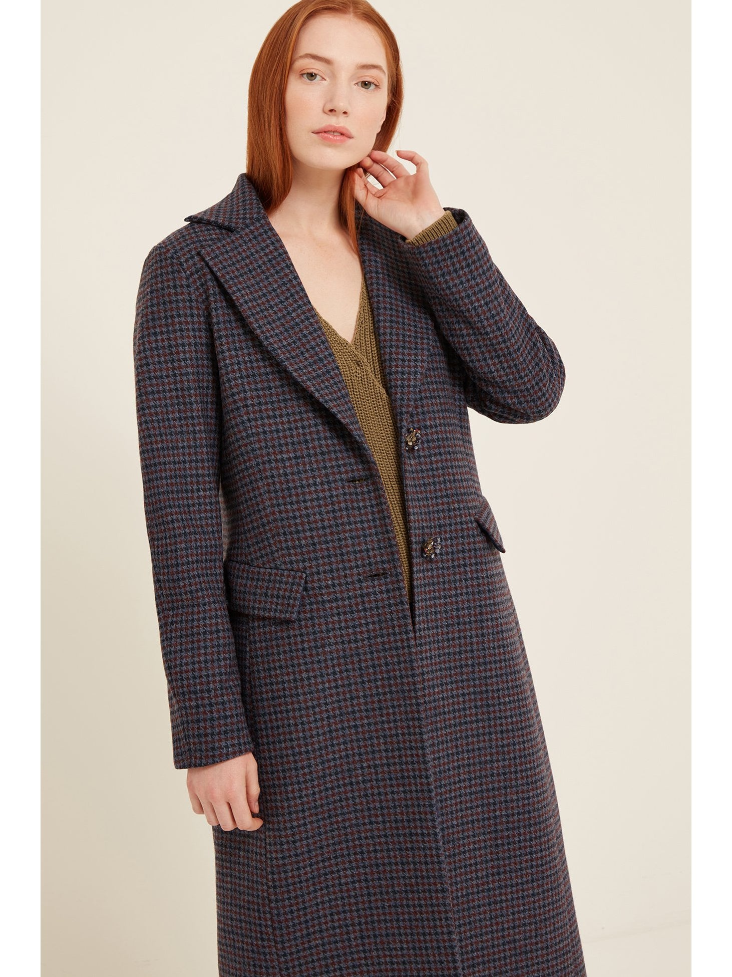 Sabinna Rosalie Long Checked Coat in Navy Blue