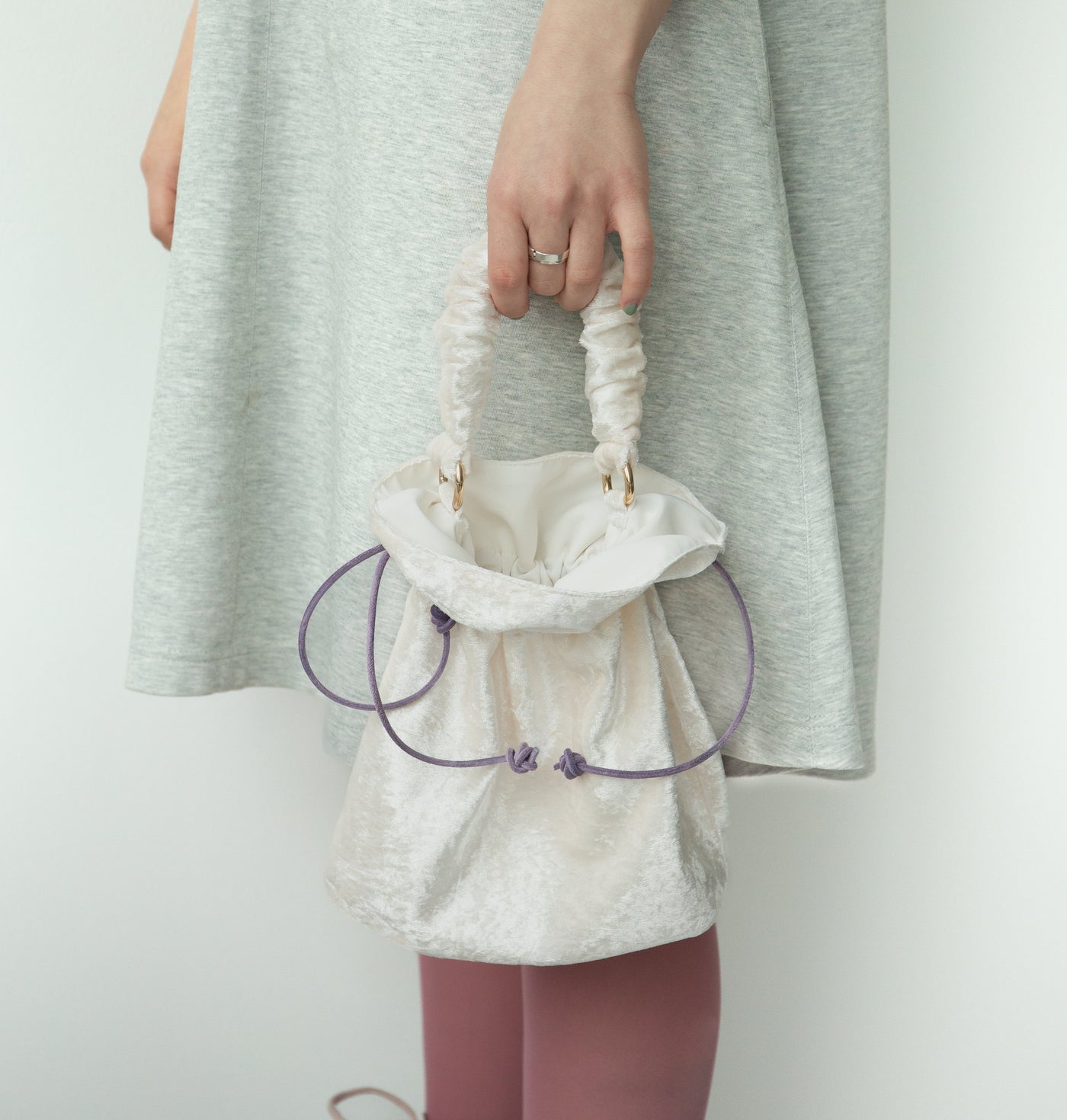 White Velvet Draw string handbag