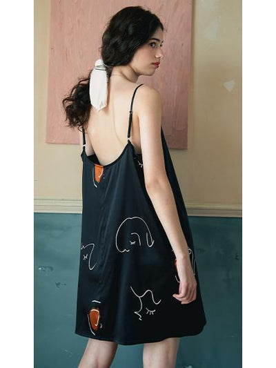 Not Just Pajama | Face Line Art Printed Silk Slip Dress
