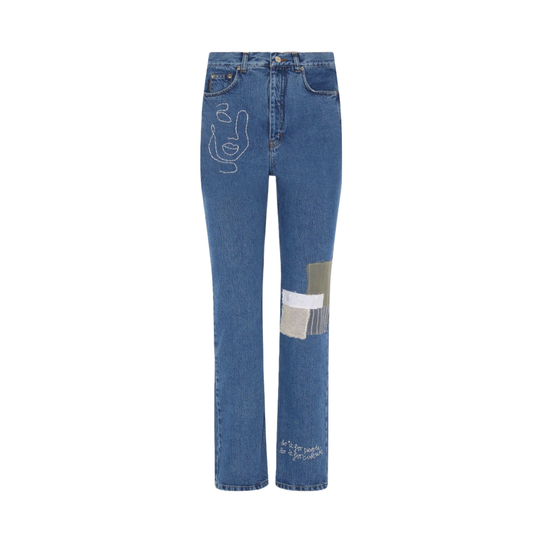 High Waisted Recycled "Face" Embroidered Jeans, Blue Denim