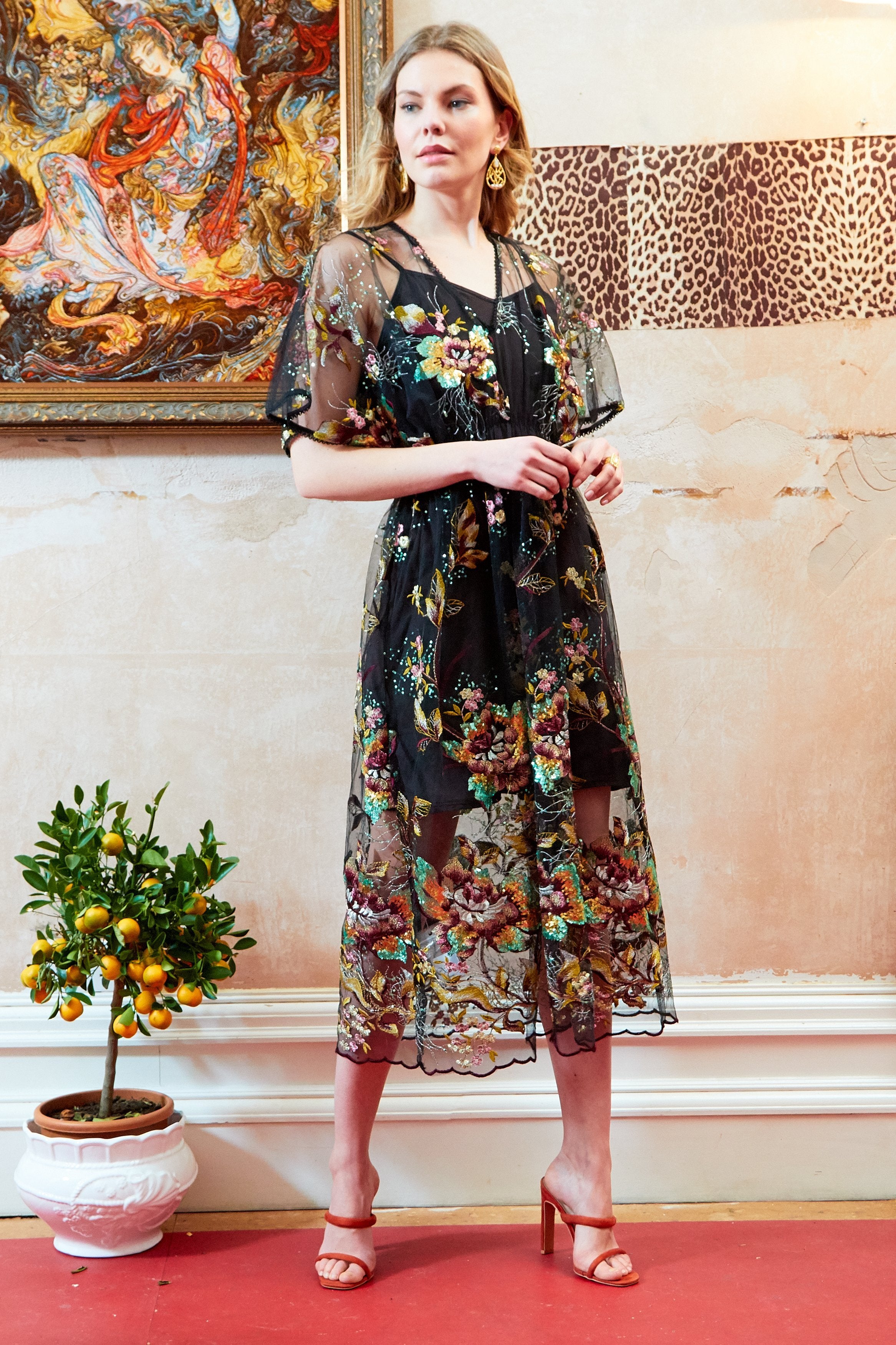 Natalie Floral Embellished Flutter Sleeve Midi Dress 