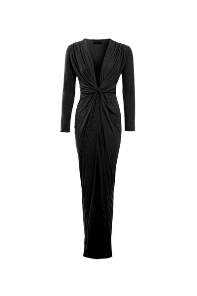 Clara - Black Glittery Plunge Front Knot Floor-Length Dress