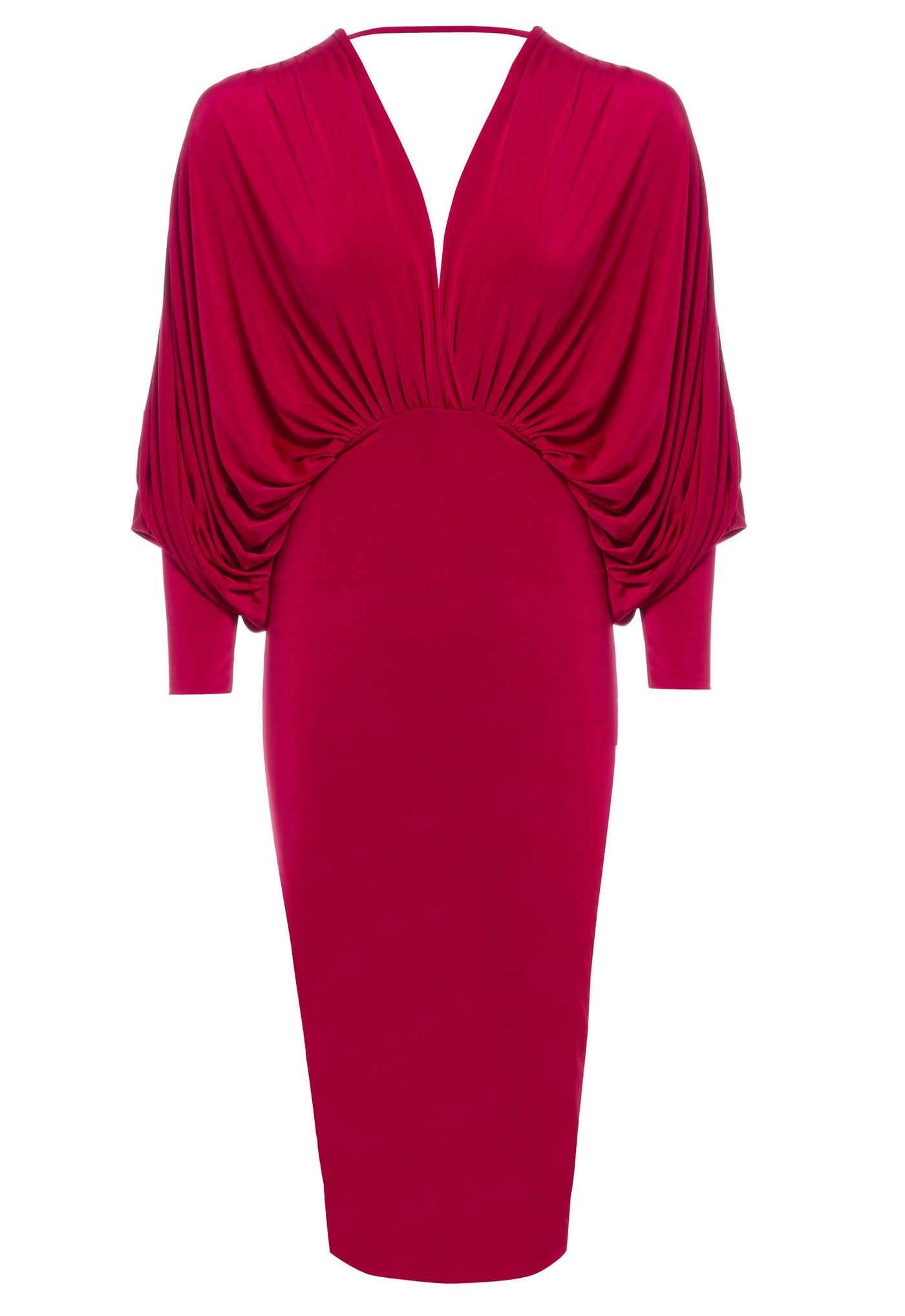 Lea - Plunge Front and Back Batwing Midi Dress Red