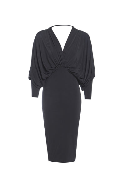 Lea - Plunge Front and Back Batwing Midi Dress Black