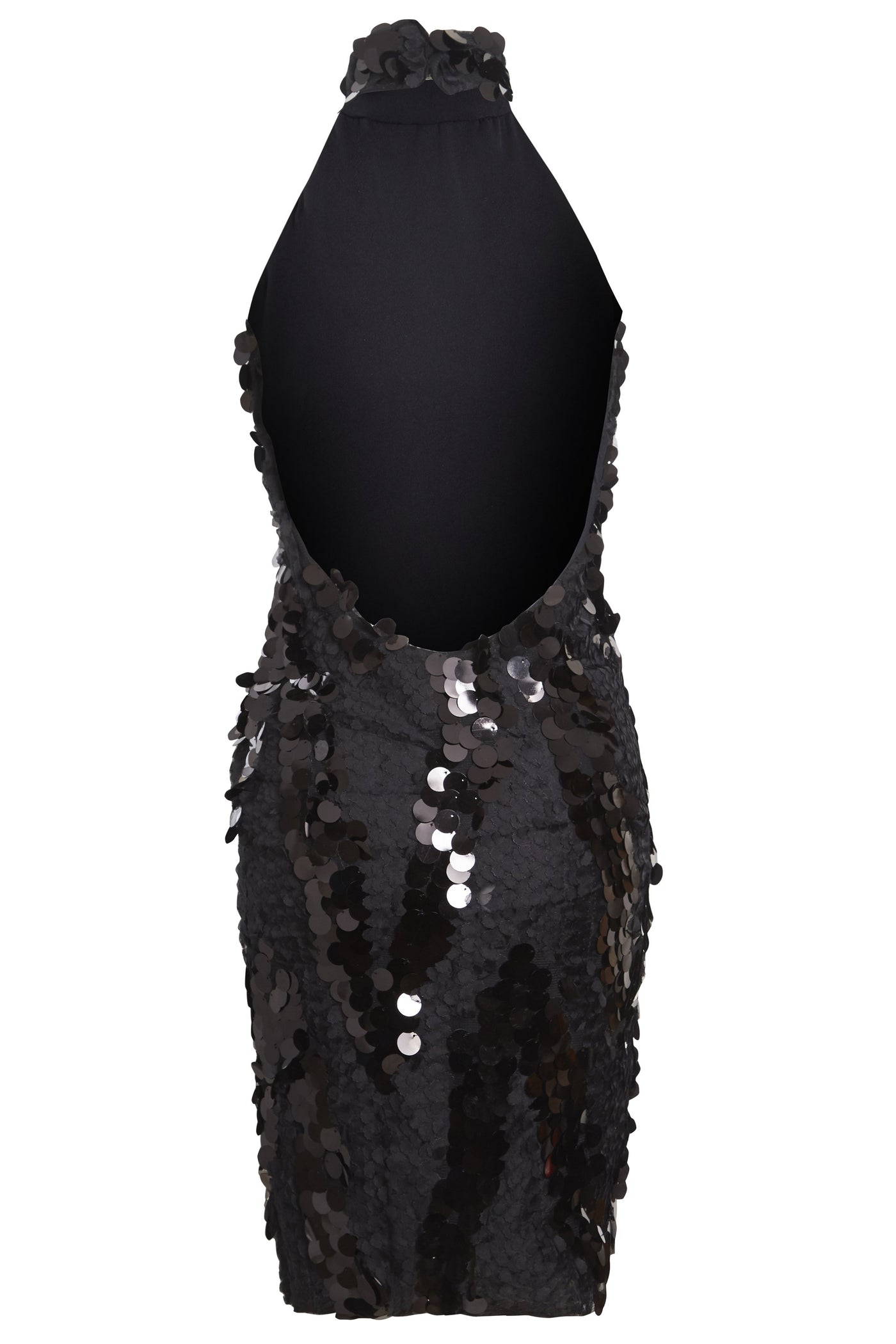 SIAH - Black High Neck Backless Sequin Mesh Mini Dress