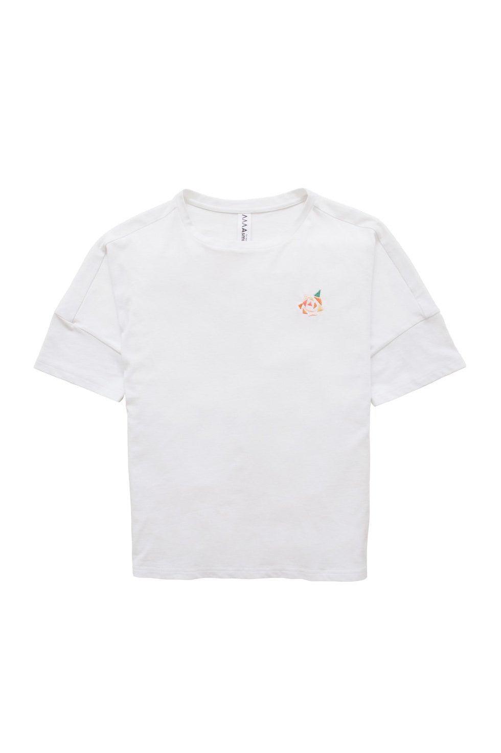 Asmuss Boxy T-shirt with Rose embroidery detail in organic cotton and recycled polyester lying flat