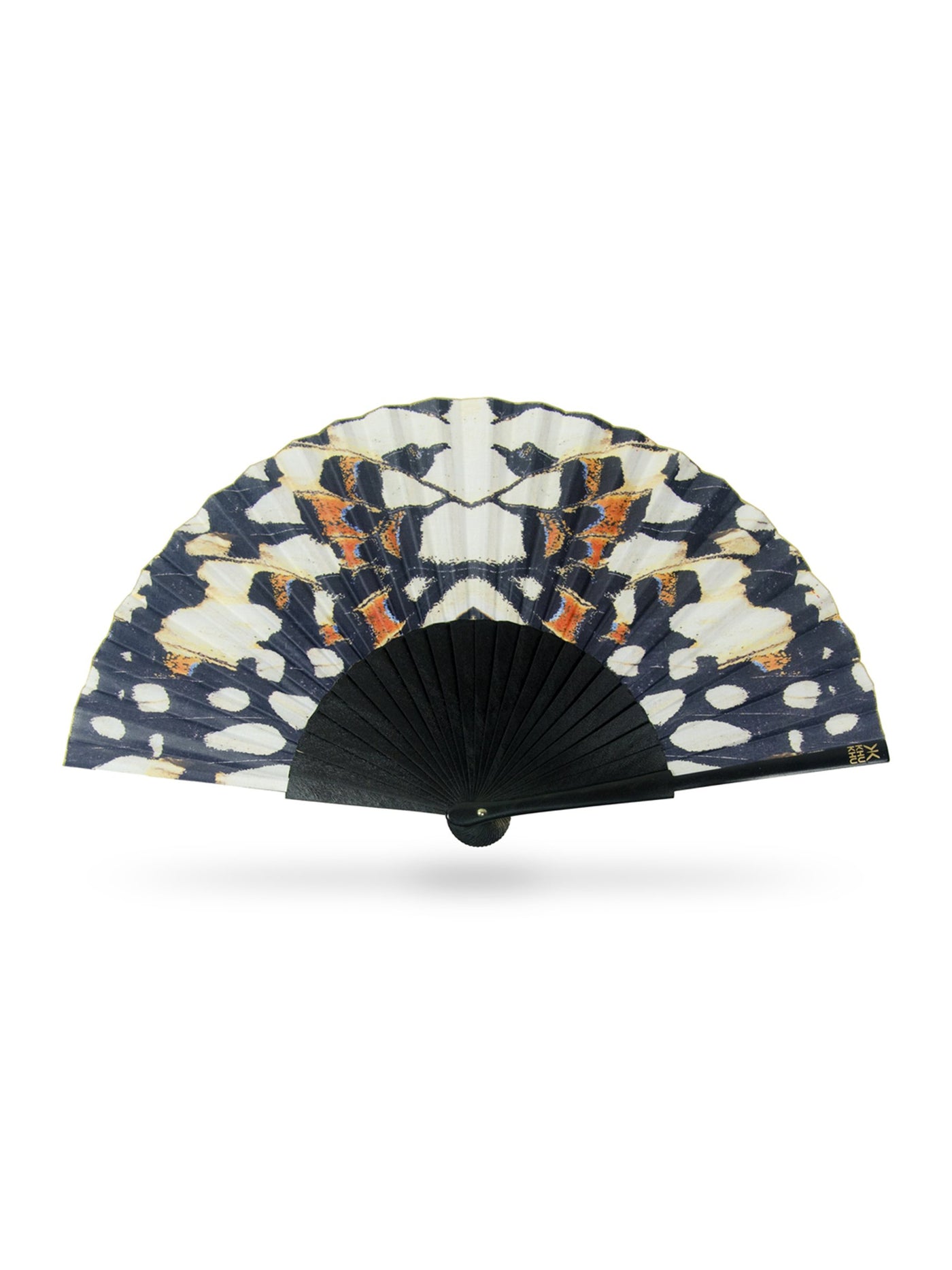 Khu Khu Black Nymph Hand Fan with black sticks and a symmetrical butterfly print in black, off white and hints of blue and burnt orange.