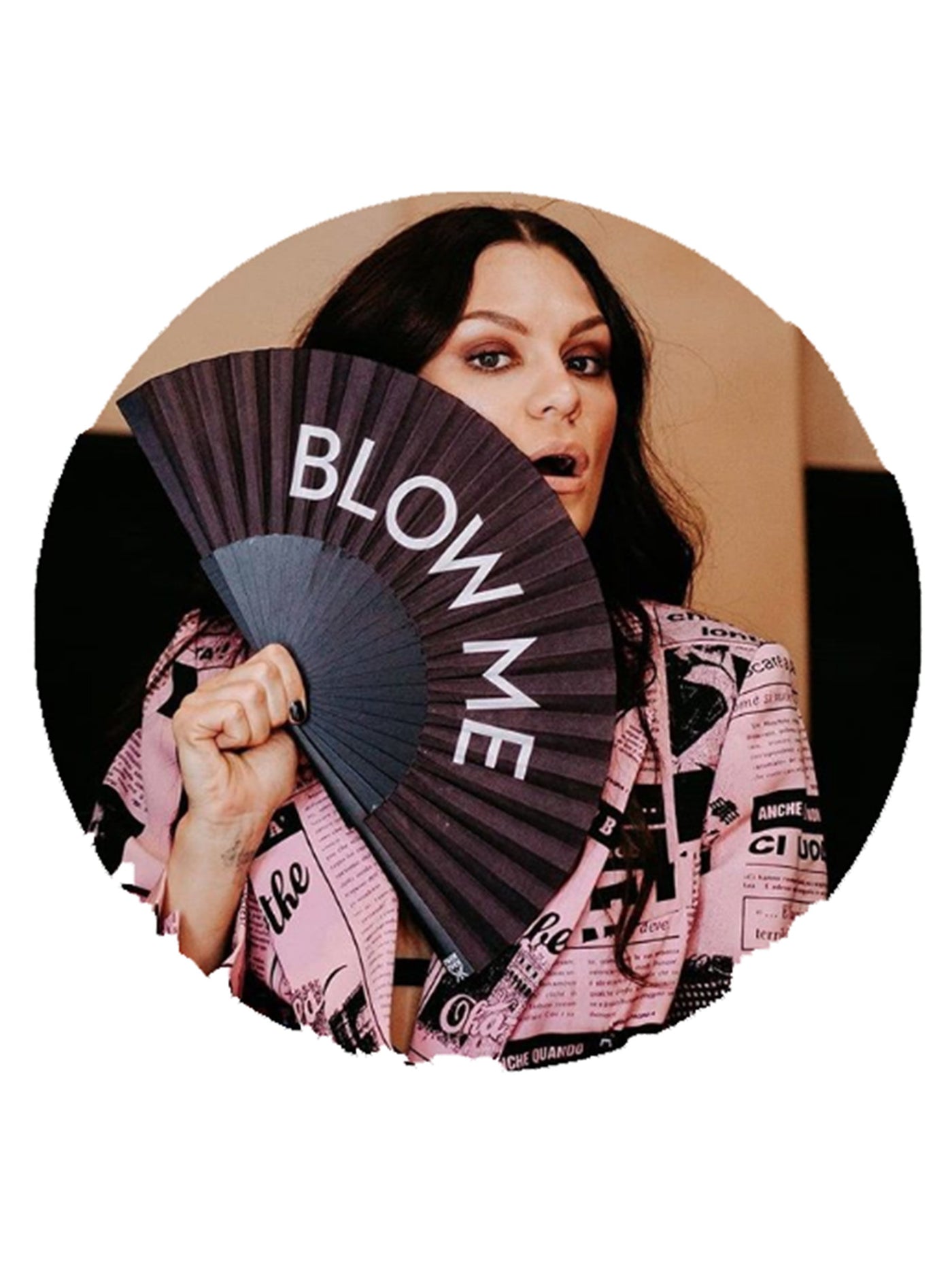 Jessie J wearing pink and black top and holding Khu Khu Blow Me hand-fan at Abbey Road Studios
