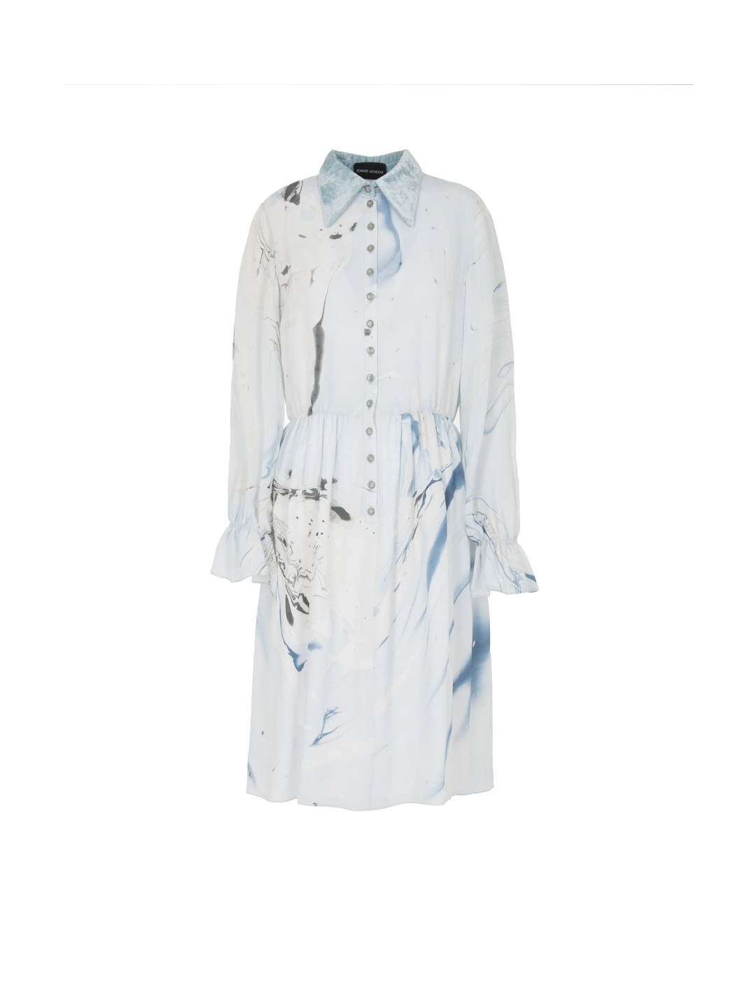 Edward Mongzar Silk & Velvet Hand Marbled Button Up Shirt Dress in White, Blue & Grey